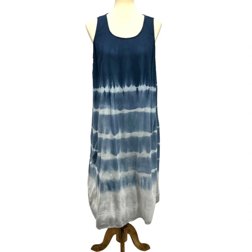 J. Jill Pure Jill Blue & White Tie Dye Crepe Cotton Blend Casual Dress L…